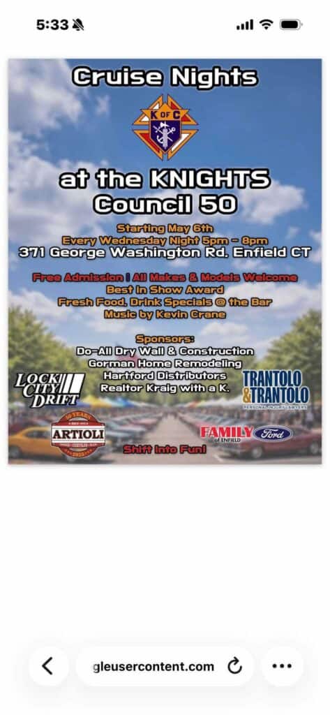 Cruise Nights at the KNIGHTS Council 50 event at KNIGHTS Council 50 in Enfield, CT on August 5, 2026