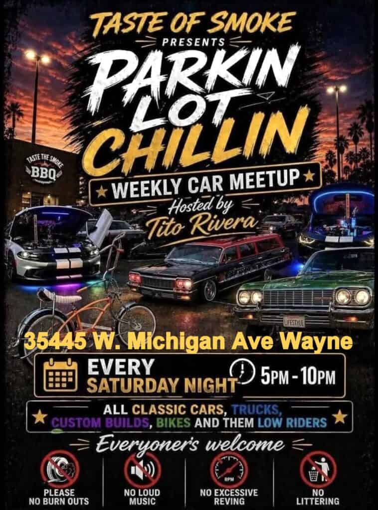 Taste of Smoke Parkin Lot Chillin Weekly Car Meetup event at Taste of Smoke in Wayne, MI on August 8, 2026