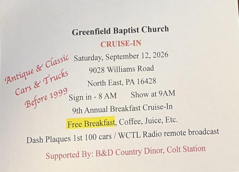 Greenfield Baptist Church Cruise-In car show in North East, PA