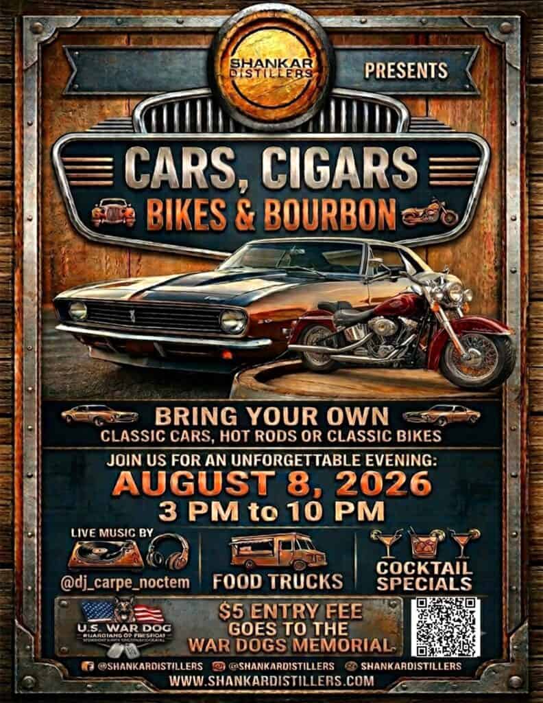 Shankar Distillers Cars, Cigars, Bikes & Bourbon event at Shankar Distillers in Troy, MI on August 8, 2026
