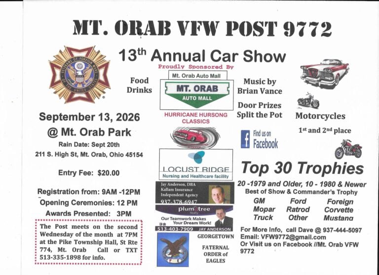 13th Annual Car Show at Mt. Orab VFW Post 9772 car show in Mount Orab, OH
