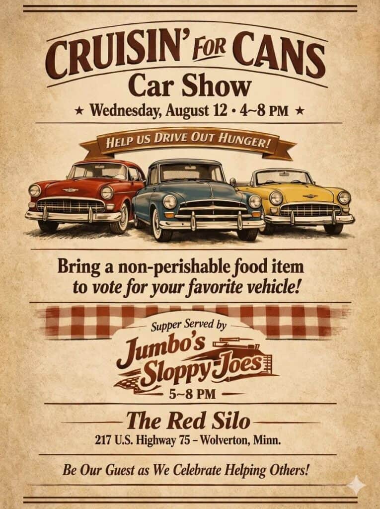 Cruisin' for Cans Car Show at The Red Silo event at The Red Silo in Wolverton, MN on August 12, 2026