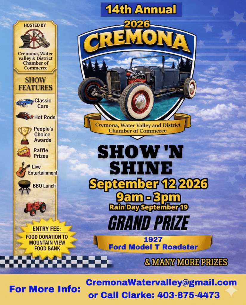 Cremona Show 'n Shine event at Railway Avenue in Cremona, AB on September 12, 2026