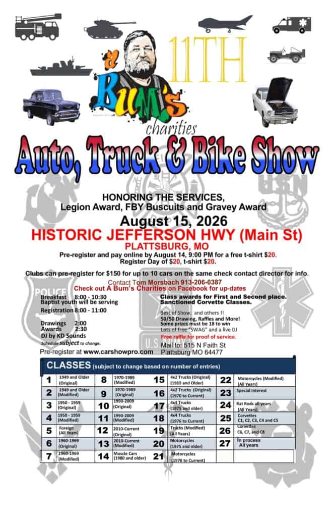 11th KIMG Charities Auto, Truck & Bike Show event at Historic Jefferson Hwy (Main St) in Plattsburg, MO on August 15, 2026