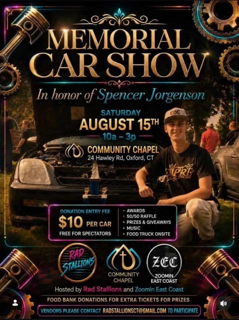 Rad Stallions Memorial Car Show in honor of Spencer Jorgenson event at Community Chapel in Oxford, CT on August 15, 2026