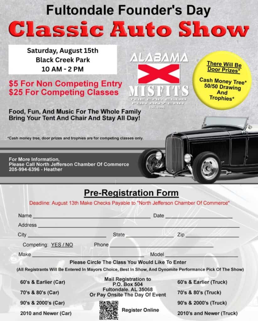Fultondale Founder's Day Classic Auto Show event at Black Creek Park in Fultondale, AL on August 15, 2026