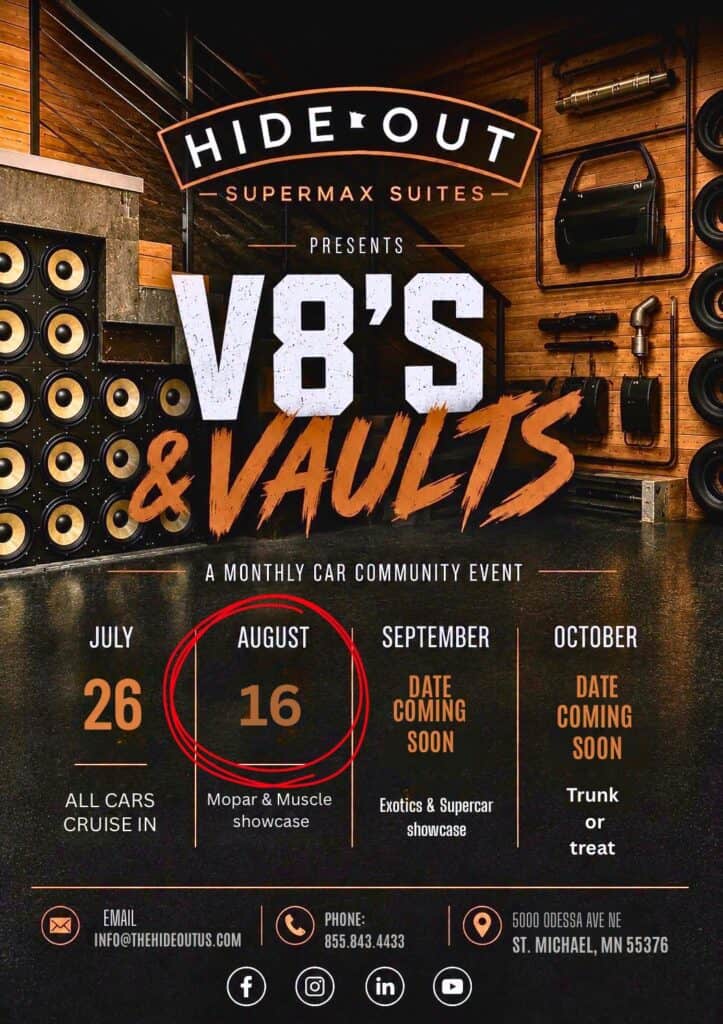 V8's & Vaults: Mopar & Muscle Pop-Up event at Hideout Supermax Suites in Saint Michael, MN on August 16, 2026