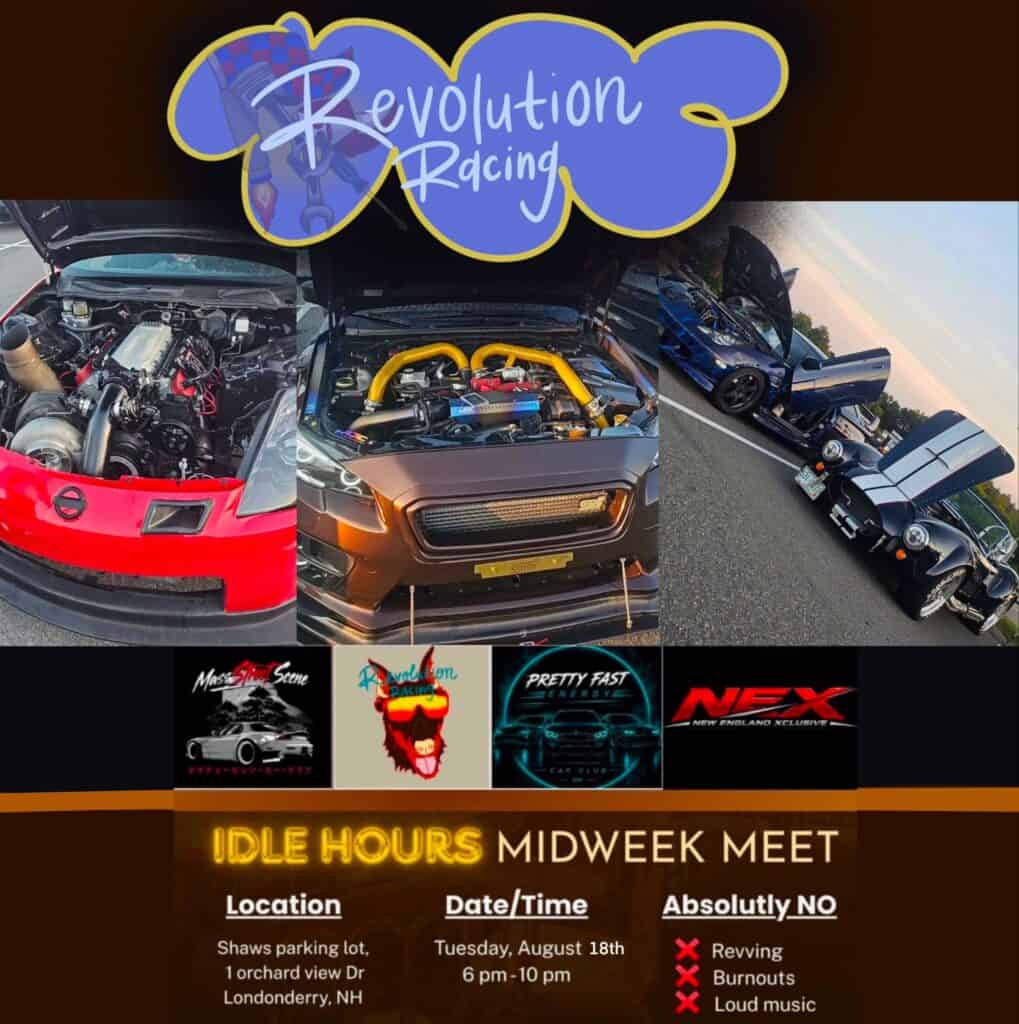 Revolution Racing Idle Hours Midweek Meet event at Shaws parking lot in Londonderry, NH on August 18, 2026