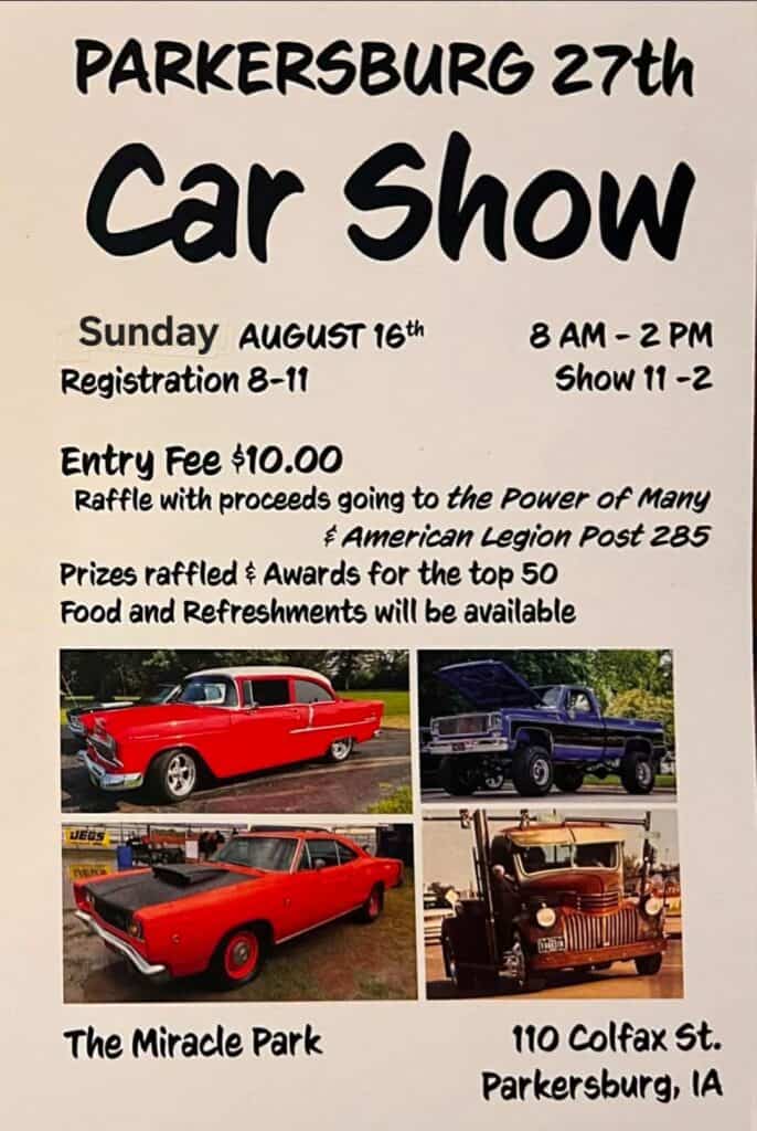 Parkersburg 27th Car Show event at The Miracle Park in Parkersburg, IA on August 16, 2026