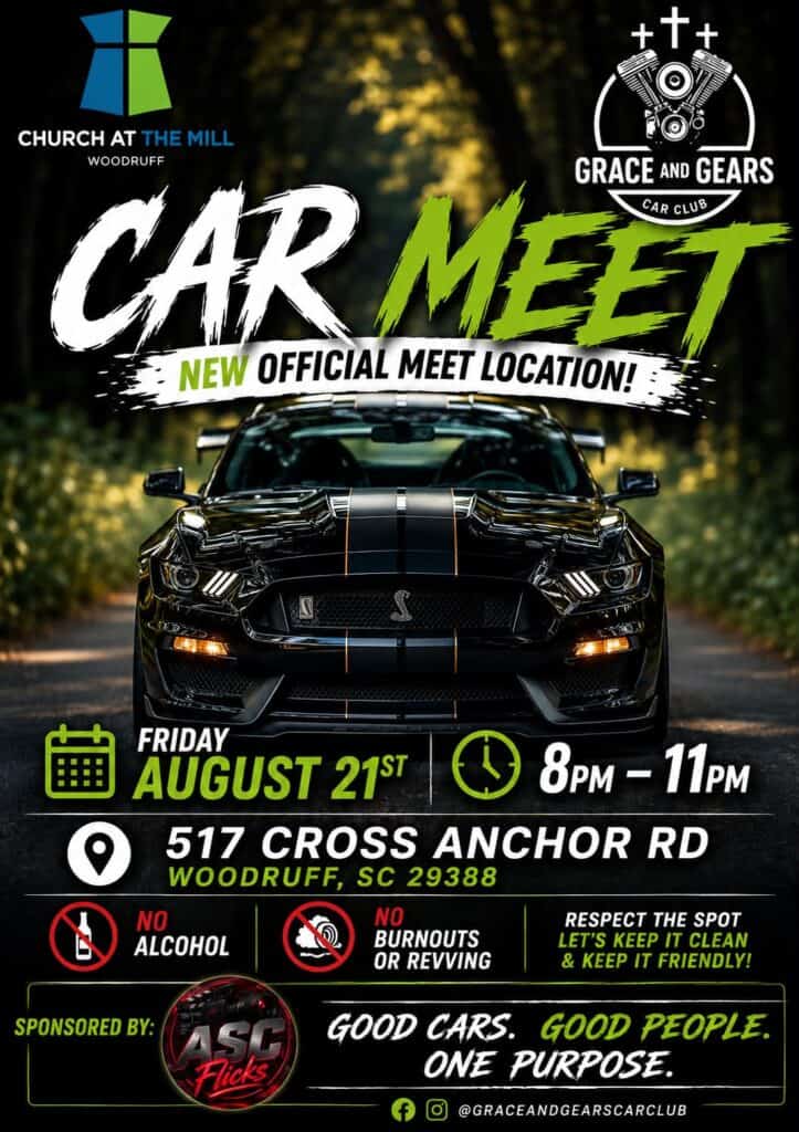 Grace and Gears Car Club Car Meet at Church at the Mill Woodruff event at Church at the Mill Woodruff in Woodruff, SC on August 21, 2026