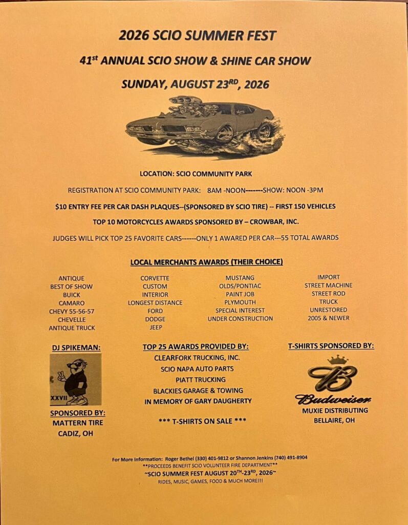 41st Annual SCIO Show & Shine Car Show event at SCIO Community Park in Scio, OH on August 23, 2026