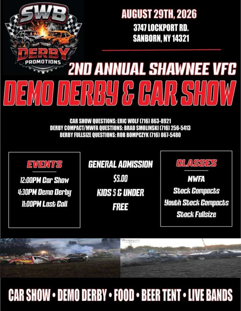 2nd Annual Shawnee VFC Demo Derby & Car Show event at Shawnee VFC in Sanborn, NY on August 29, 2026