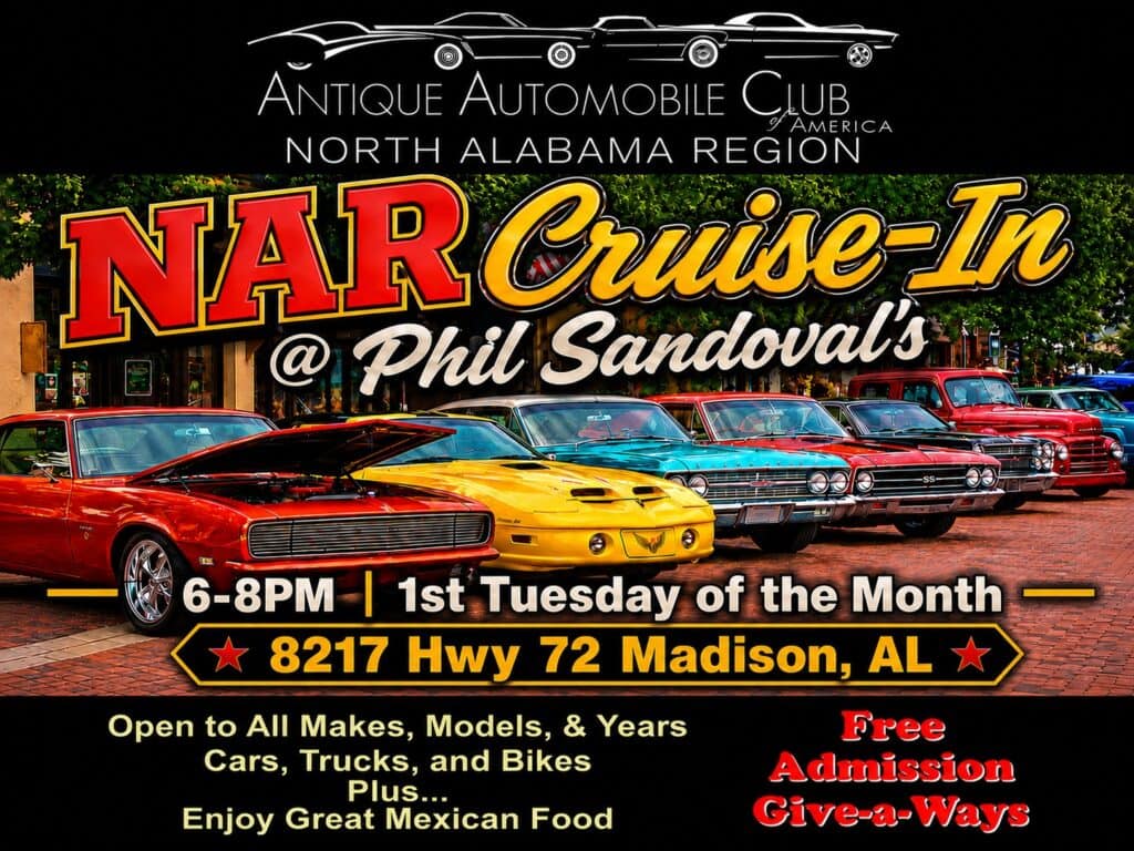 AACA North Alabama Region Cruise-In at Phil Sandoval's event at Phil Sandoval's in Madison, AL on September 1, 2026