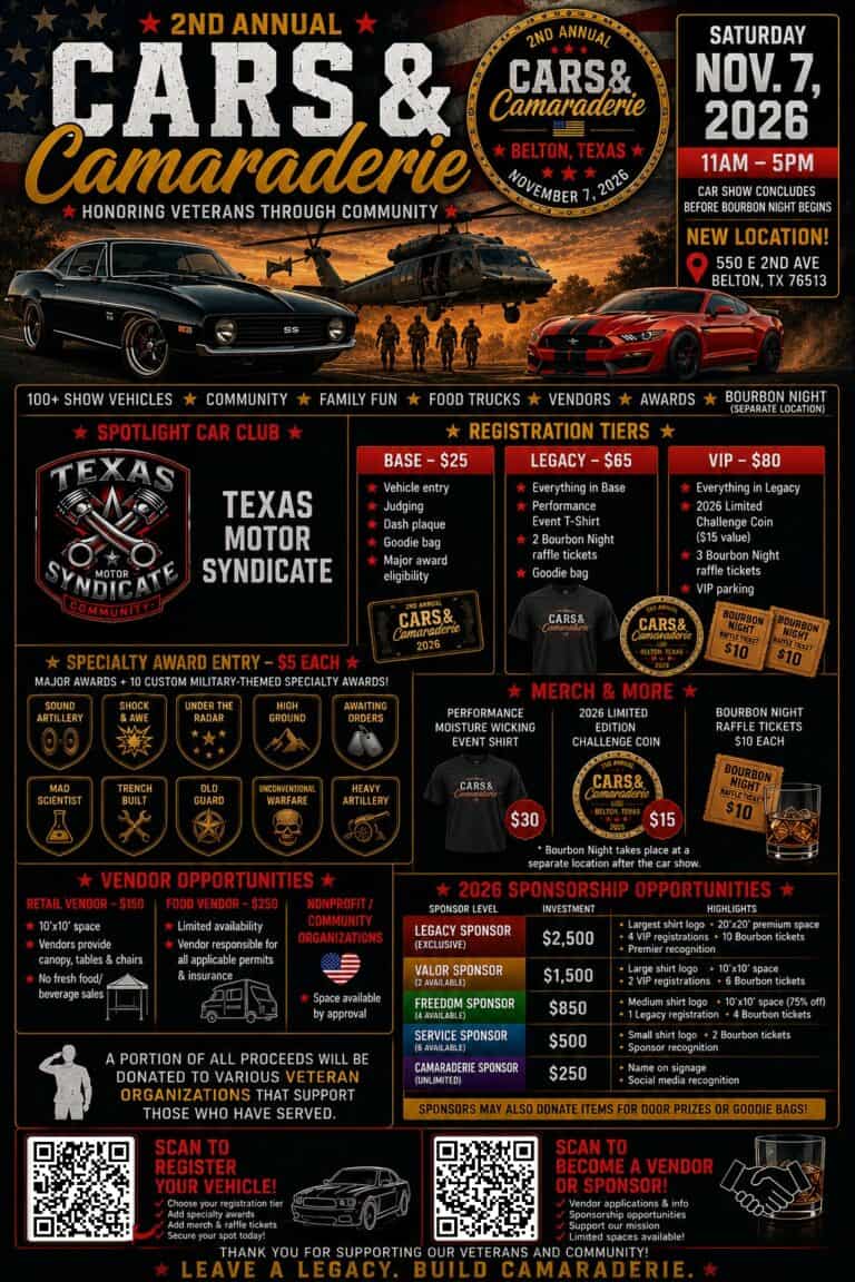 2nd Annual Cars & Camaraderie Car Show and Community Festival car show in Belton, TX