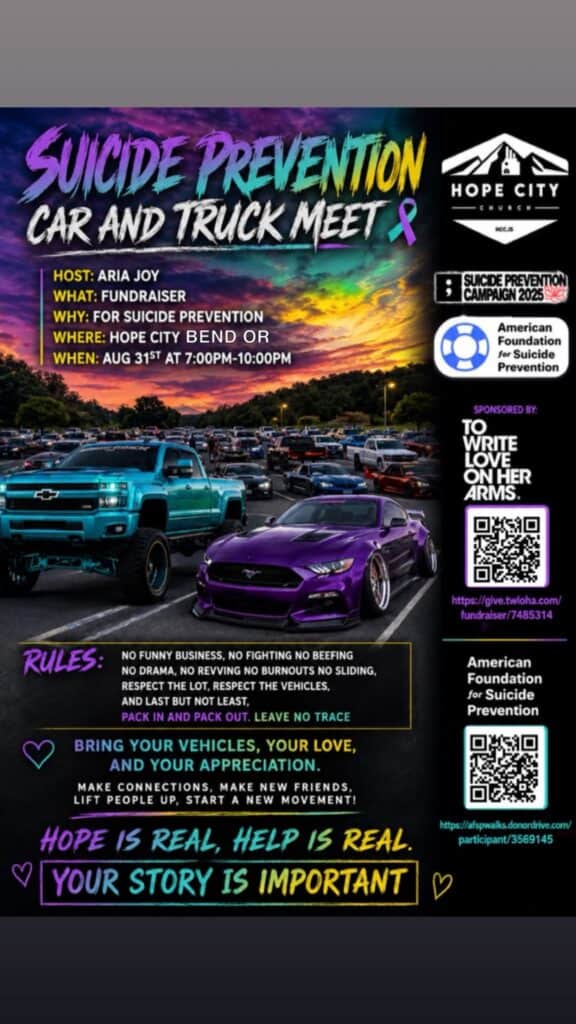 Aria Joy Suicide Prevention Car and Truck Meet event at Hope City in Bend, OR on August 31, 2026