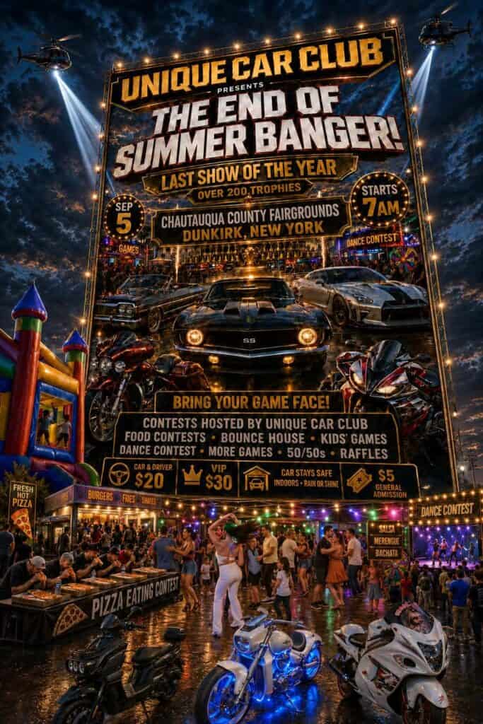 Unique Car Club The End of Summer Banger event at Chautauqua County Fairgrounds in Dunkirk, NY on September 5, 2026