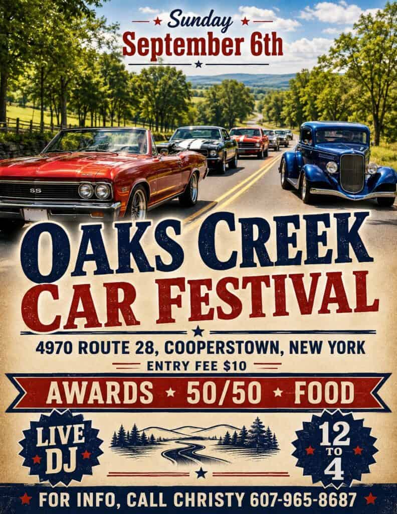 Oaks Creek Car Festival event at Oaks Creek in Cooperstown, NY on September 6, 2026