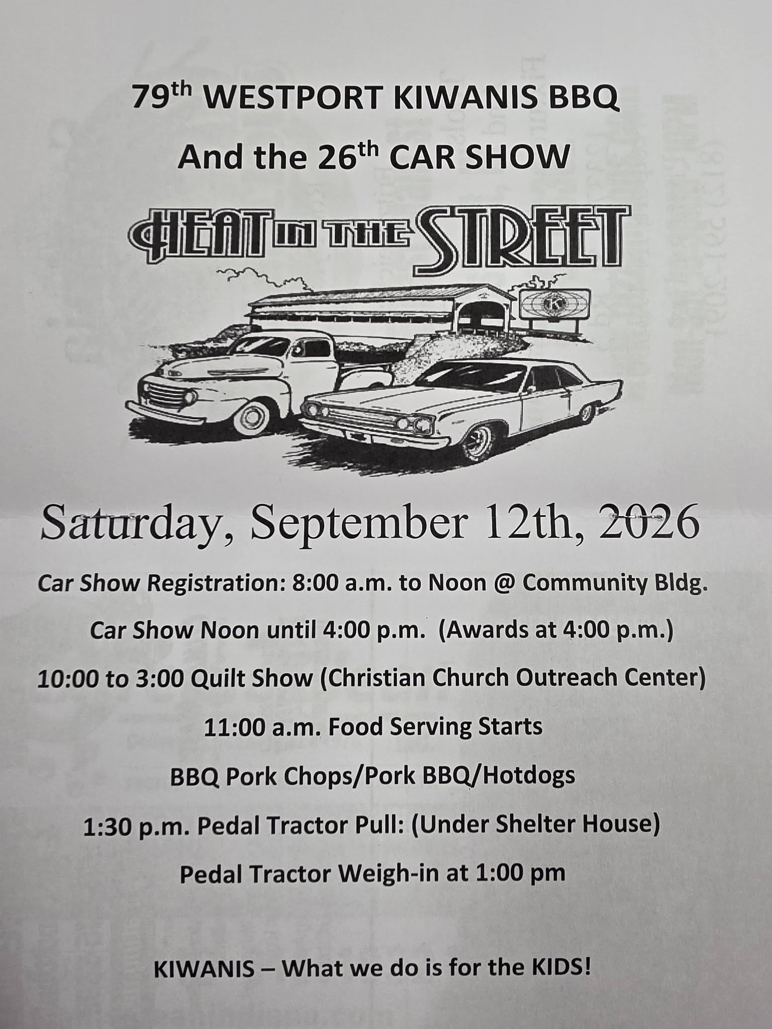 79th Westport Kiwanis BBQ and 26th Heat in the Street Car Show event at Westport Community Building in Westport, IN on September 12, 2026
