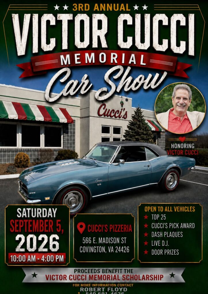 Victor Cucci Memorial Car Show event at Cucci's Pizzeria in Covington, VA on September 5, 2026