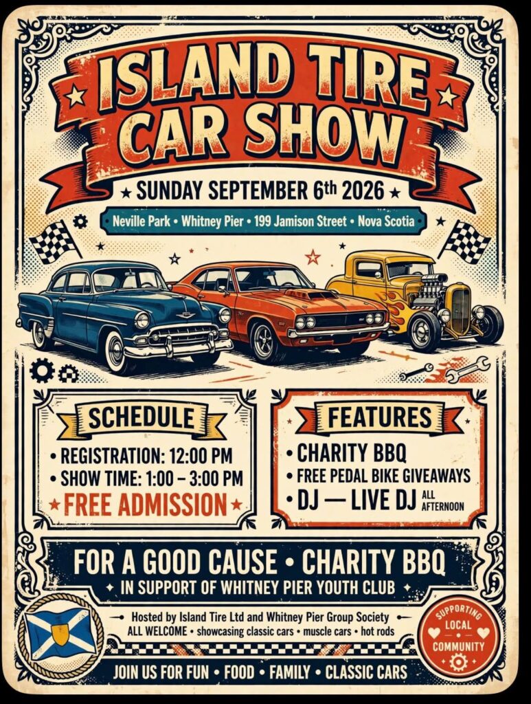 Island Tire Car Show event at Neville Park in Whitney Pier, NS on September 6, 2026