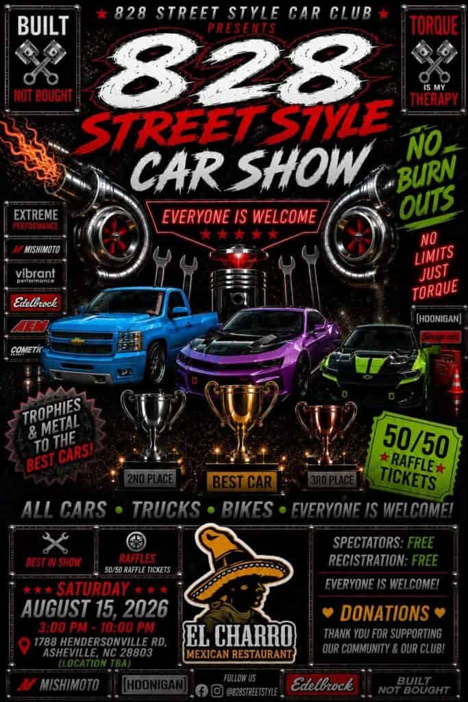 828 Street Style Car Club Car Show event at 1788 Hendersonville Rd in Asheville, NC on August 15, 2026