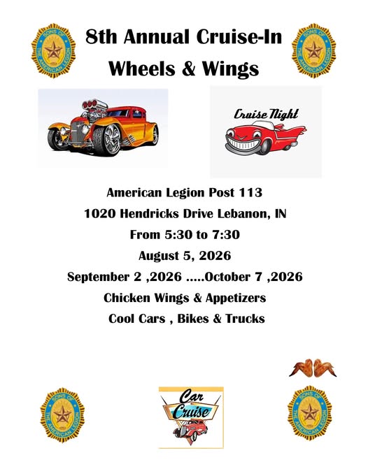 8th Annual Wheels & Wings Cruise-In event at American Legion Post 113 in Lebanon, IN on September 2, 2026