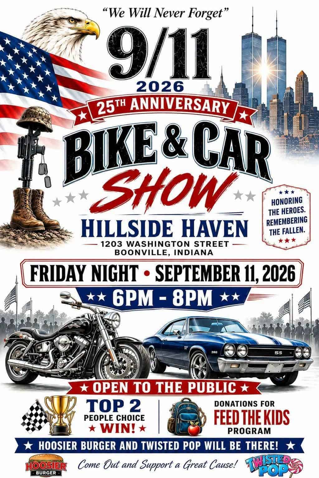 9/11 25th Anniversary Bike & Car Show at Hillside Haven event at Hillside Haven in Boonville, IN on September 11, 2026
