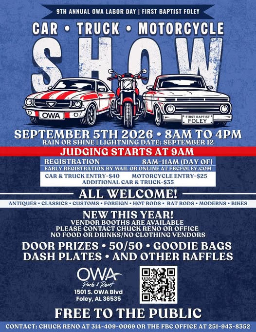 9th Annual OWA Labor Day First Baptist Foley Car, Truck & Motorcycle Show