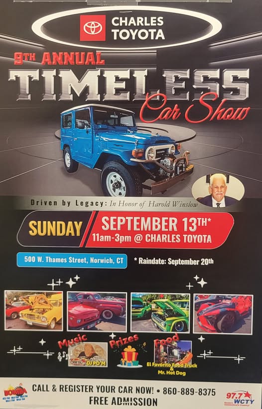 9th Annual Timeless Car Show event at Charles Toyota in Norwich, CT on September 13, 2026