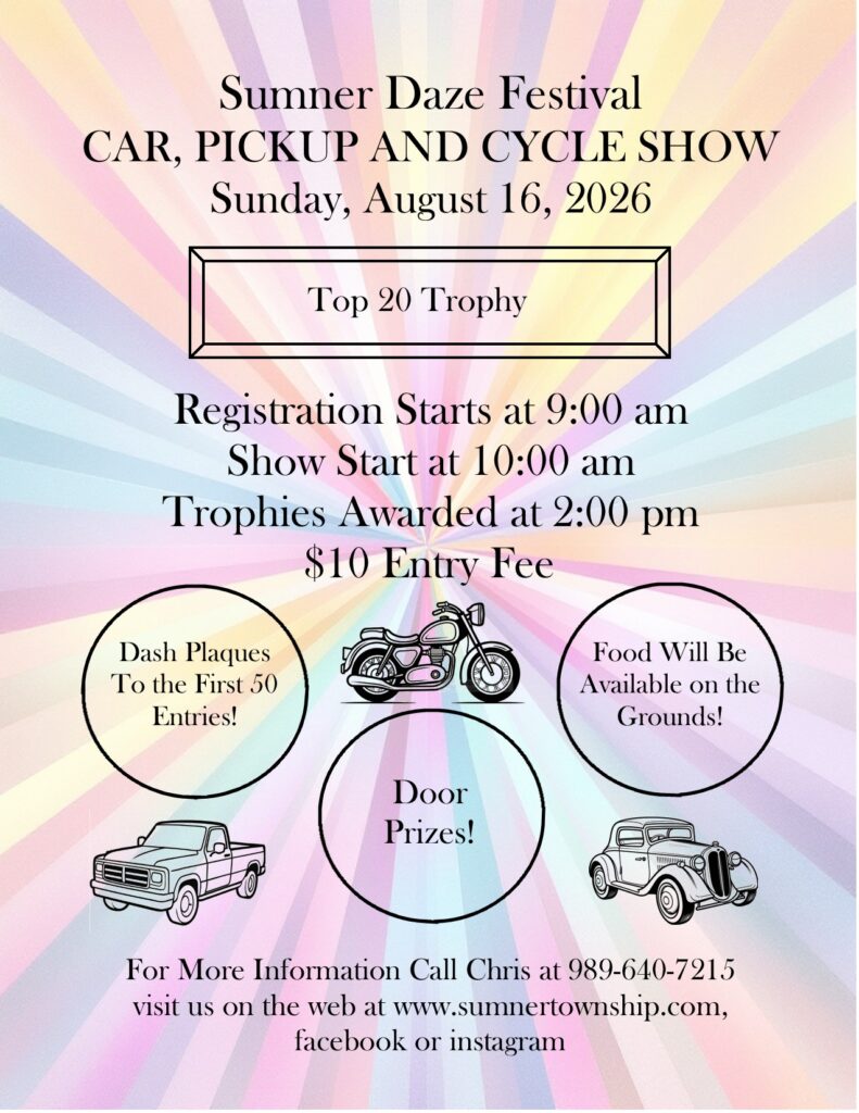 Sumner Daze Festival Car, Pickup and Cycle Show event at Community Center in Sumner, MI on August 16, 2026