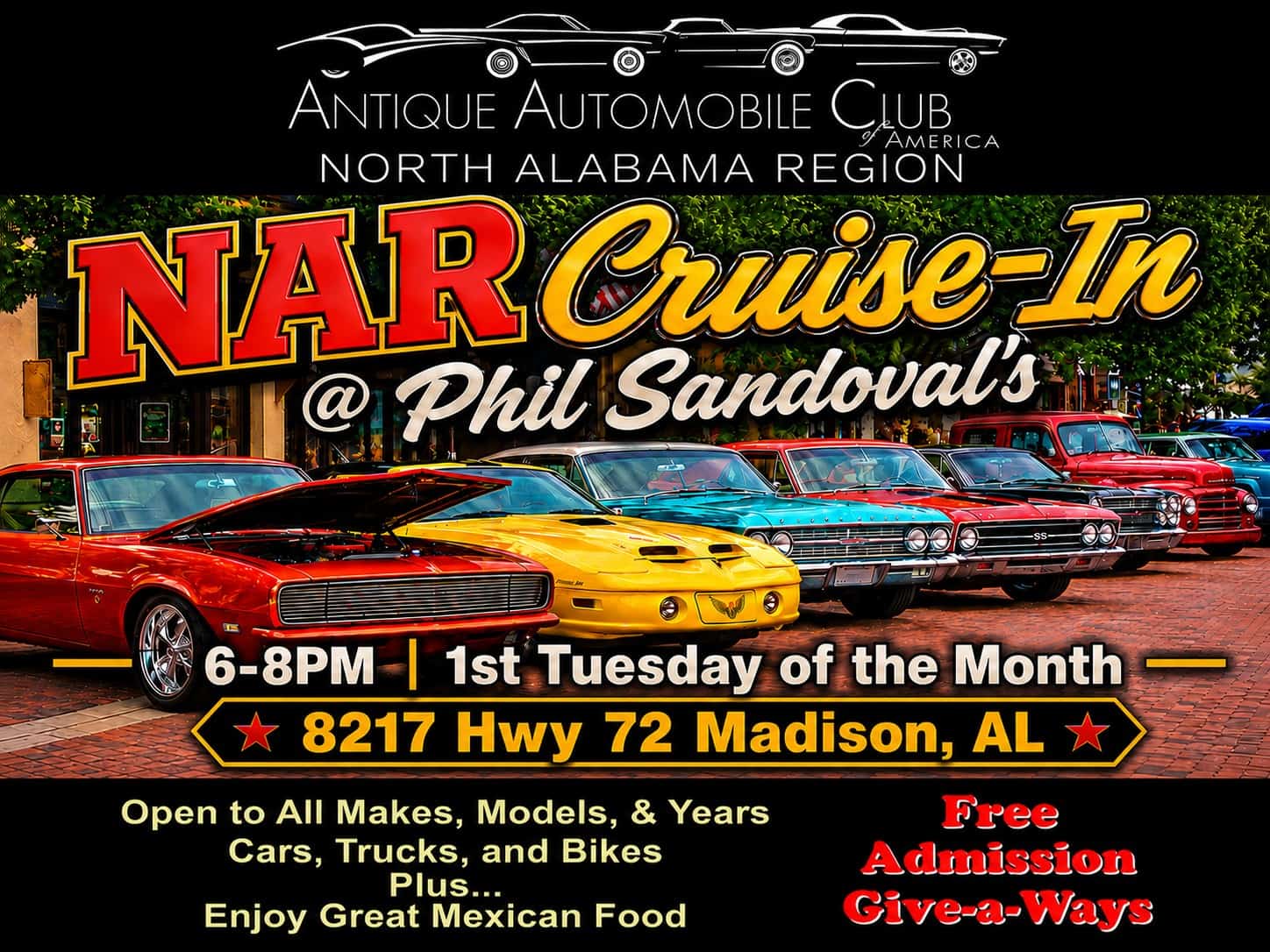 AACA North Alabama Region Cruise-In at Phil Sandoval's event at Phil Sandoval's in Madison, AL on September 1, 2026