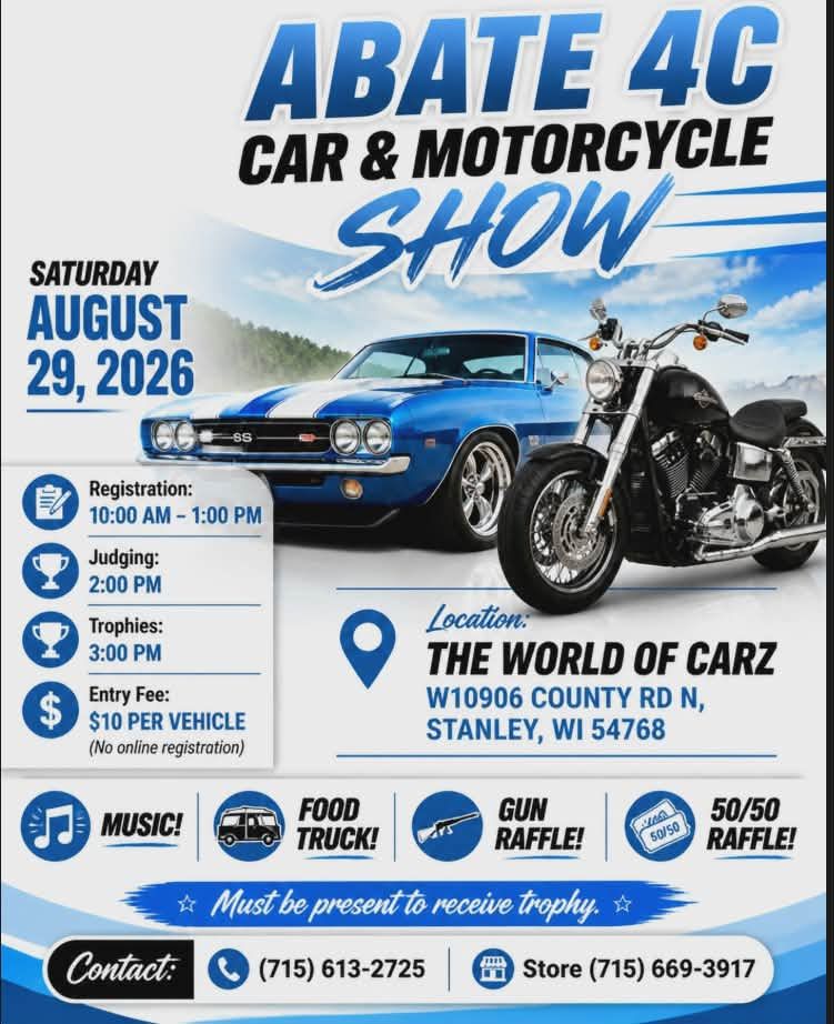 ABATE 4C Car & Motorcycle Show event at The World of Carz in Stanley, WI on August 29, 2026