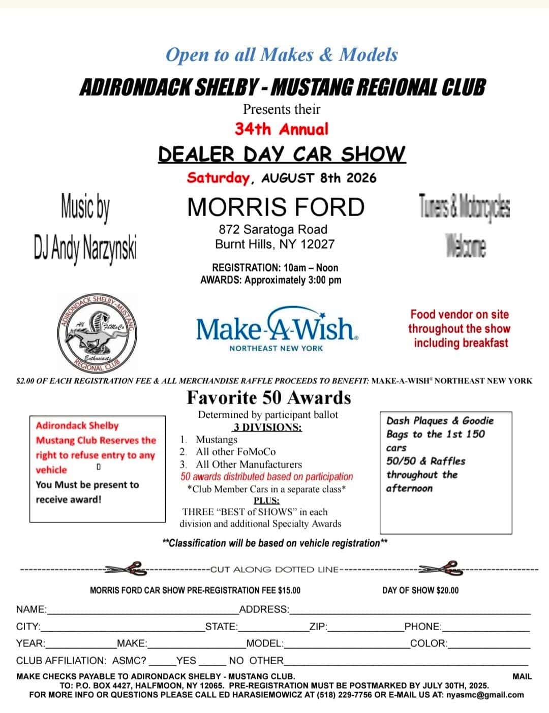 Adirondack Shelby-Mustang Regional Club 34th Annual Dealer Day Car Show event at Morris Ford in Burnt Hills, NY on August 8, 2026