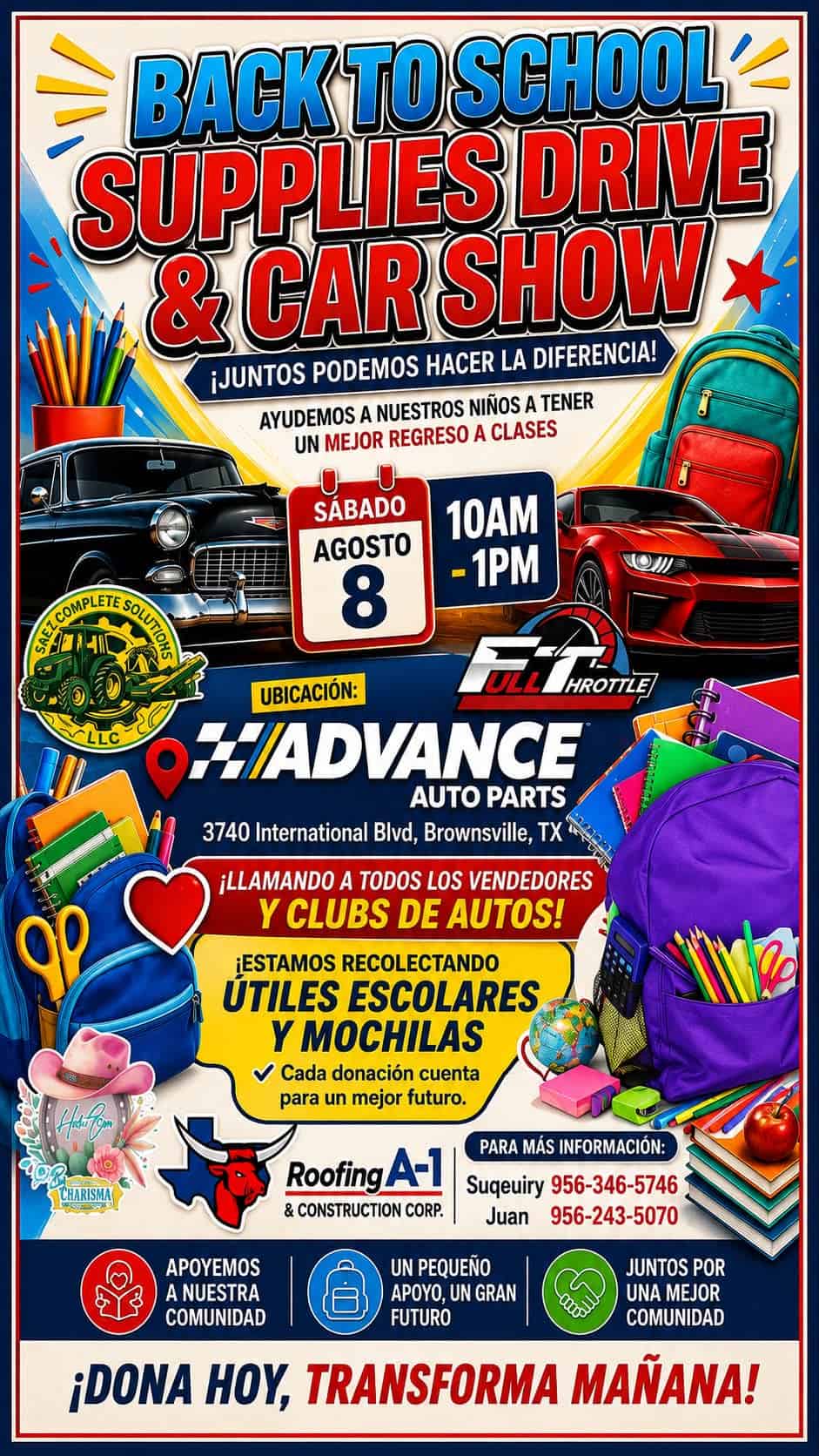 Advance Auto Parts Back to School Supplies Drive & Car Show event at Advance Auto Parts in Brownsville, TX on August 8, 2026