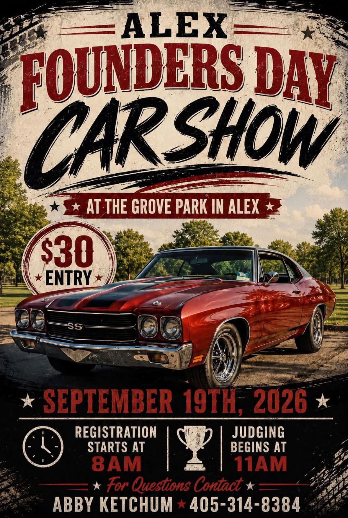 Alex Founders Day Car Show event at The Grove Park in Alex, OK on September 19, 2026