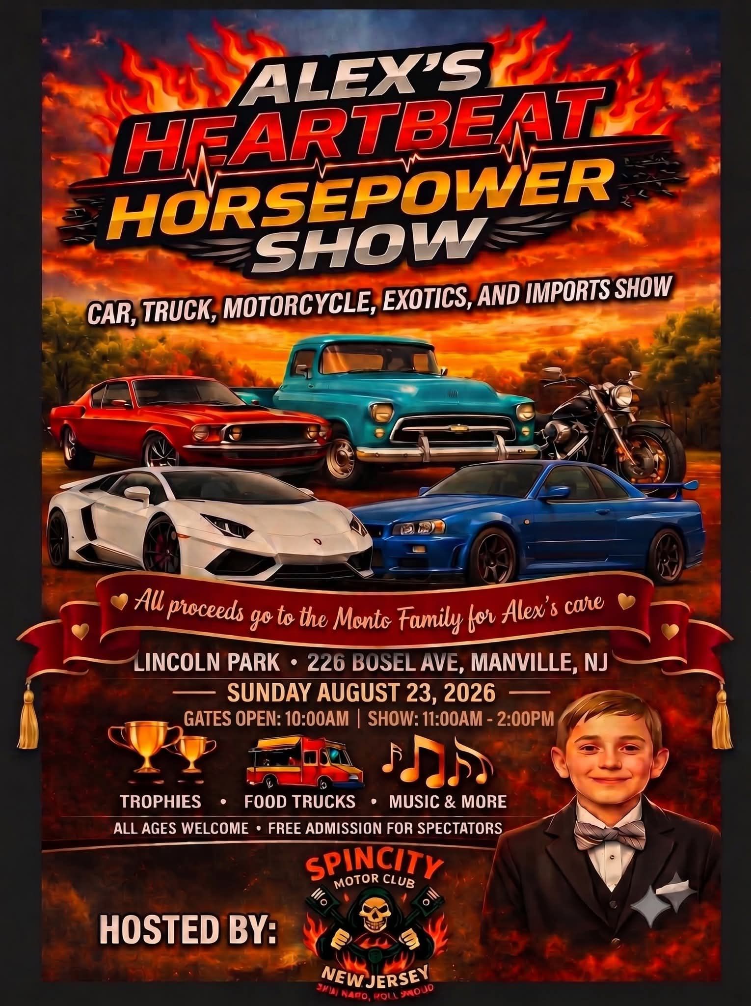 Alex's Heartbeat Horsepower Show event at Lincoln Park in Manville, NJ on August 23, 2026