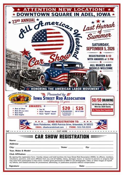 All American Weekend Car Show event at Downtown Square in Adel, IA on September 5, 2026