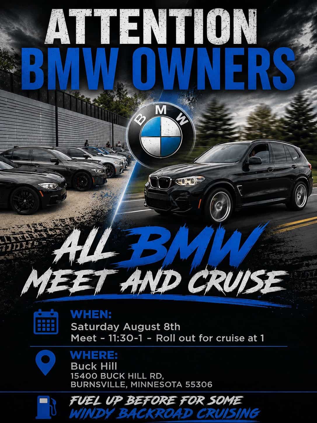 All BMW Meet and Cruise event at Buck Hill Ski & Snowboard Area in Burnsville, MN on August 8, 2026