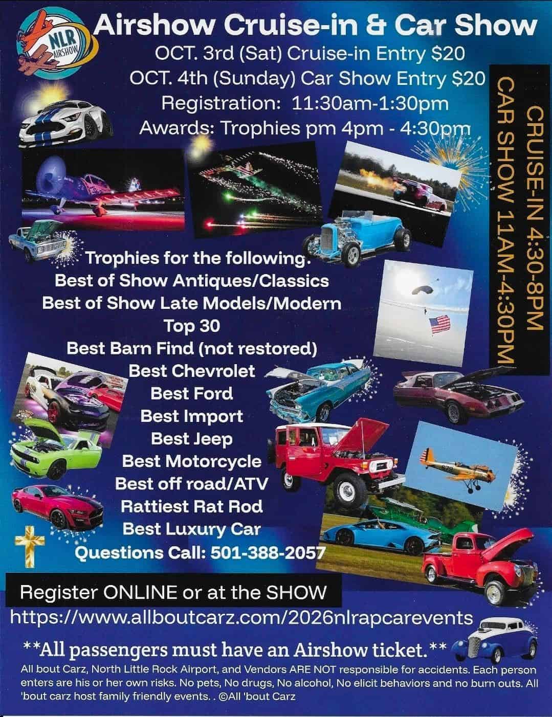All 'Bout Carz Airshow Cruise-in & Car Show event at 301 Aviation Way in Sherwood, AR on October 3, 2026