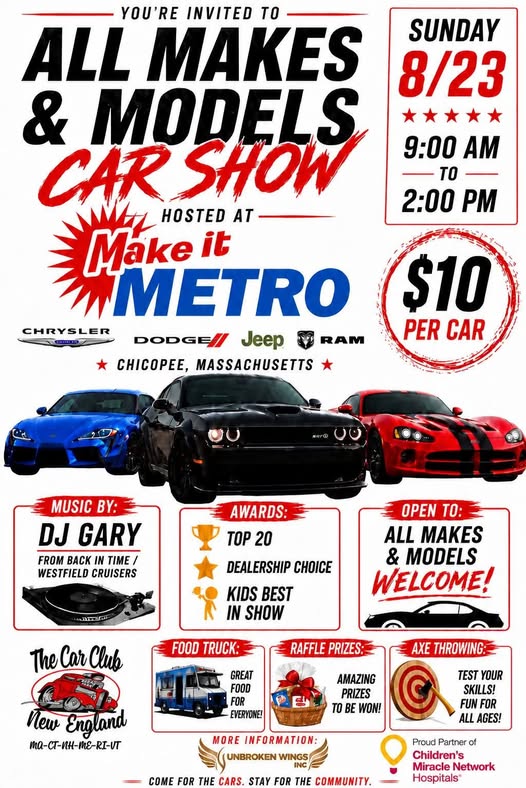All Makes & Models Car Show at Metro Chrysler Dodge Jeep RAM event at Metro Chrysler Dodge Jeep RAM in Chicopee, MA on August 23, 2026