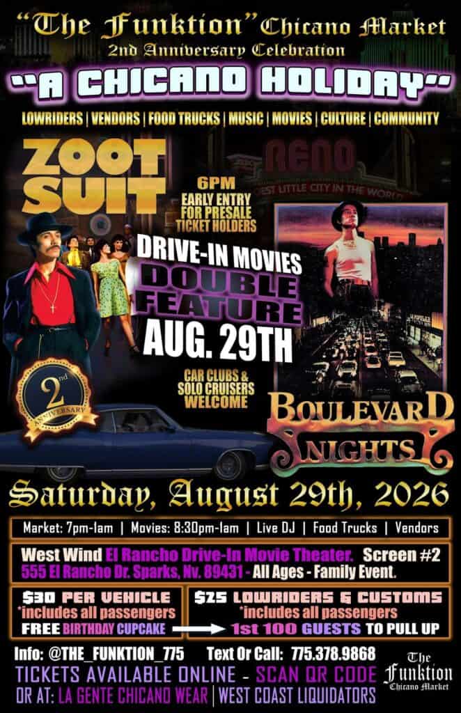 The Funktion Chicano Market 2nd Anniversary Celebration event at West Wind El Rancho Drive-In Movie Theater in Sparks, NV on August 29, 2026