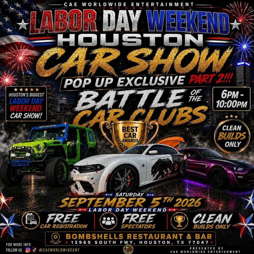 Labor Day Weekend Houston Car Show Pop up Exclusive Part 2 Battle of the Car Clubs event at Bombshells Restaurant & Bar in Houston, TX on September 5, 2026