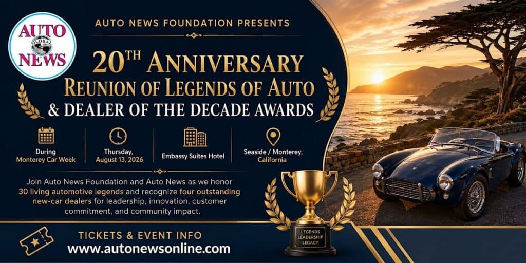20th Anniversary Reunion of Legends of Auto & Dealer of the Decade Awards event at Embassy Suites Hotel in Seaside, CA on August 13, 2026