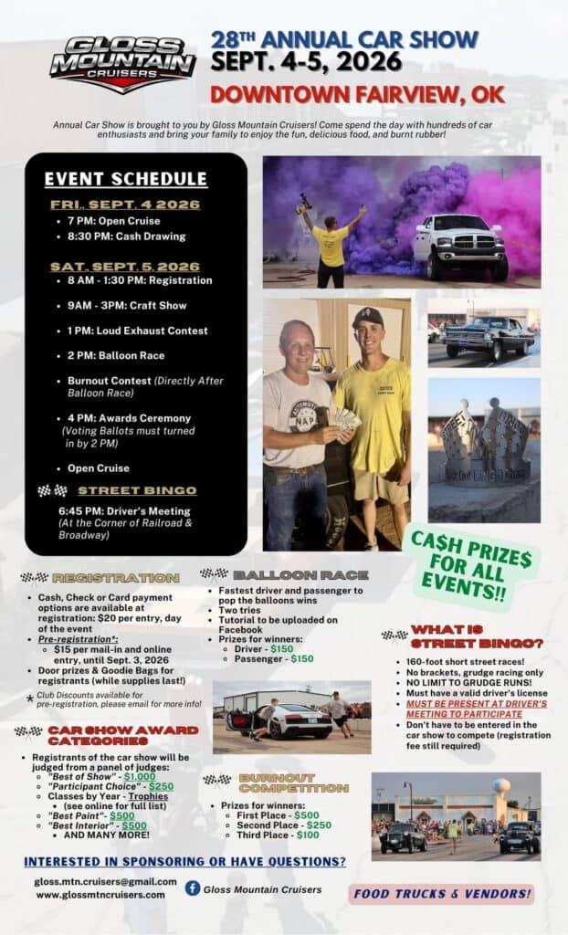 Gloss Mountain Cruisers 28th Annual Car Show event at Downtown Fairview in Fairview, OK on September 4, 2026