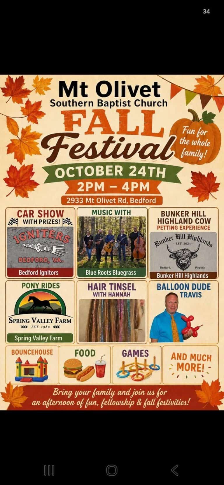 Mt Olivet Southern Baptist Church Fall Festival car show in Bedford, VA