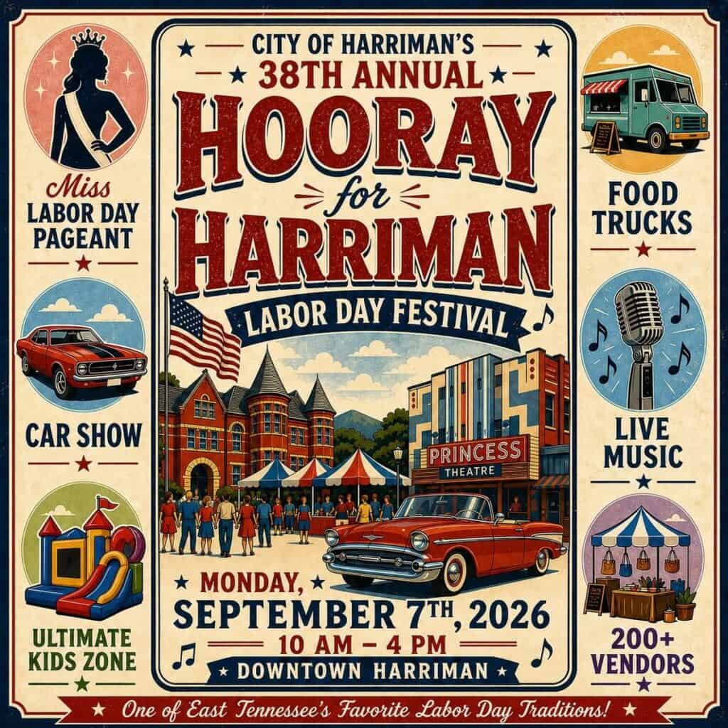 City of Harriman's 38th Annual Hooray for Harriman Labor Day Festival event at Downtown Harriman in Harriman, TN on September 7, 2026