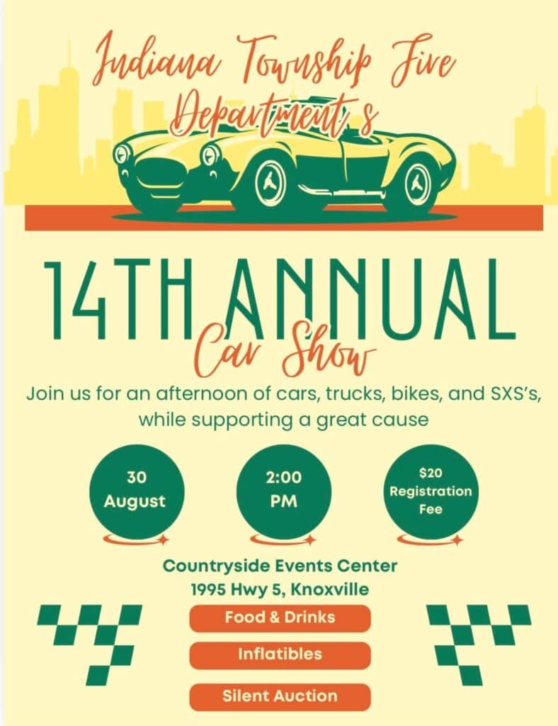 Indiana Township Fire Department's 14th Annual Car Show event at Countryside Events Center in Knoxville, IA on August 30, 2026