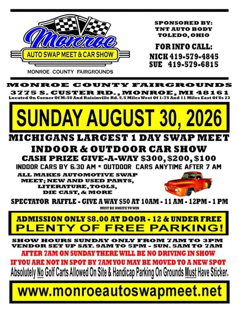 Monroe Auto Swap Meet & Car Show event at Monroe County Fairgrounds in Monroe, MI on August 30, 2026