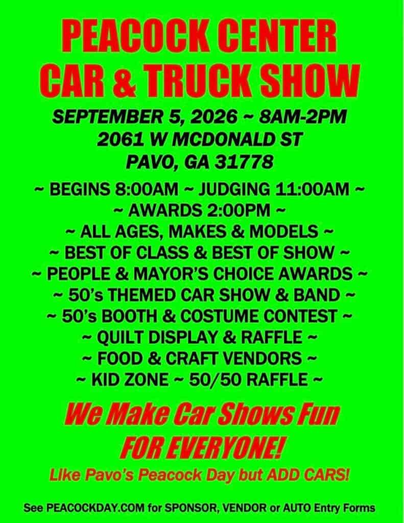 Peacock Center Car & Truck Show event at Peacock Center in Pavo, GA on September 5, 2026