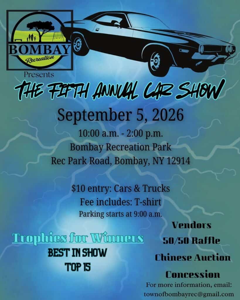 Bombay Recreation Fifth Annual Car Show event at Bombay Recreation Park in Bombay, NY on September 5, 2026